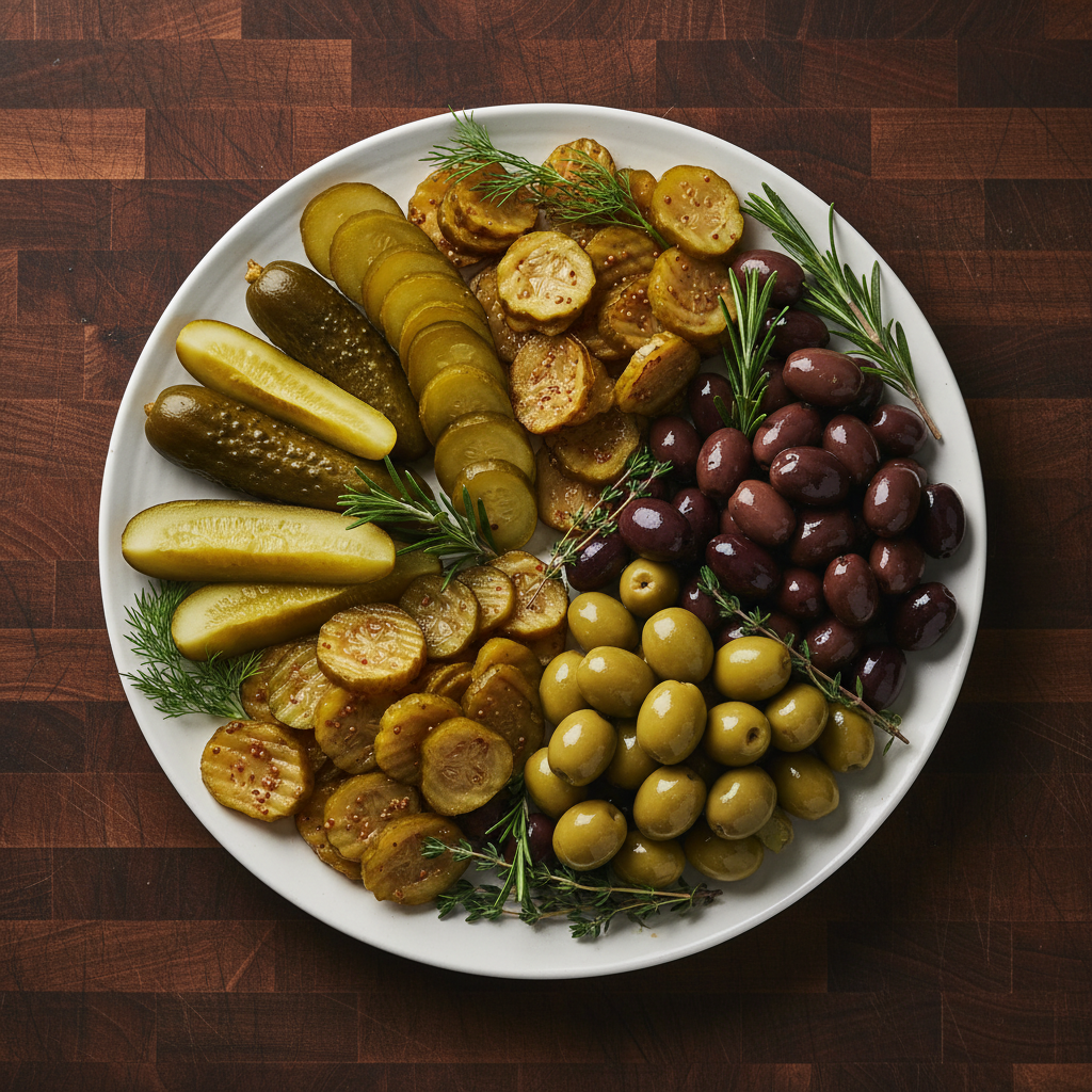 Assorted pickles and olives platter on a butcher block backdrop