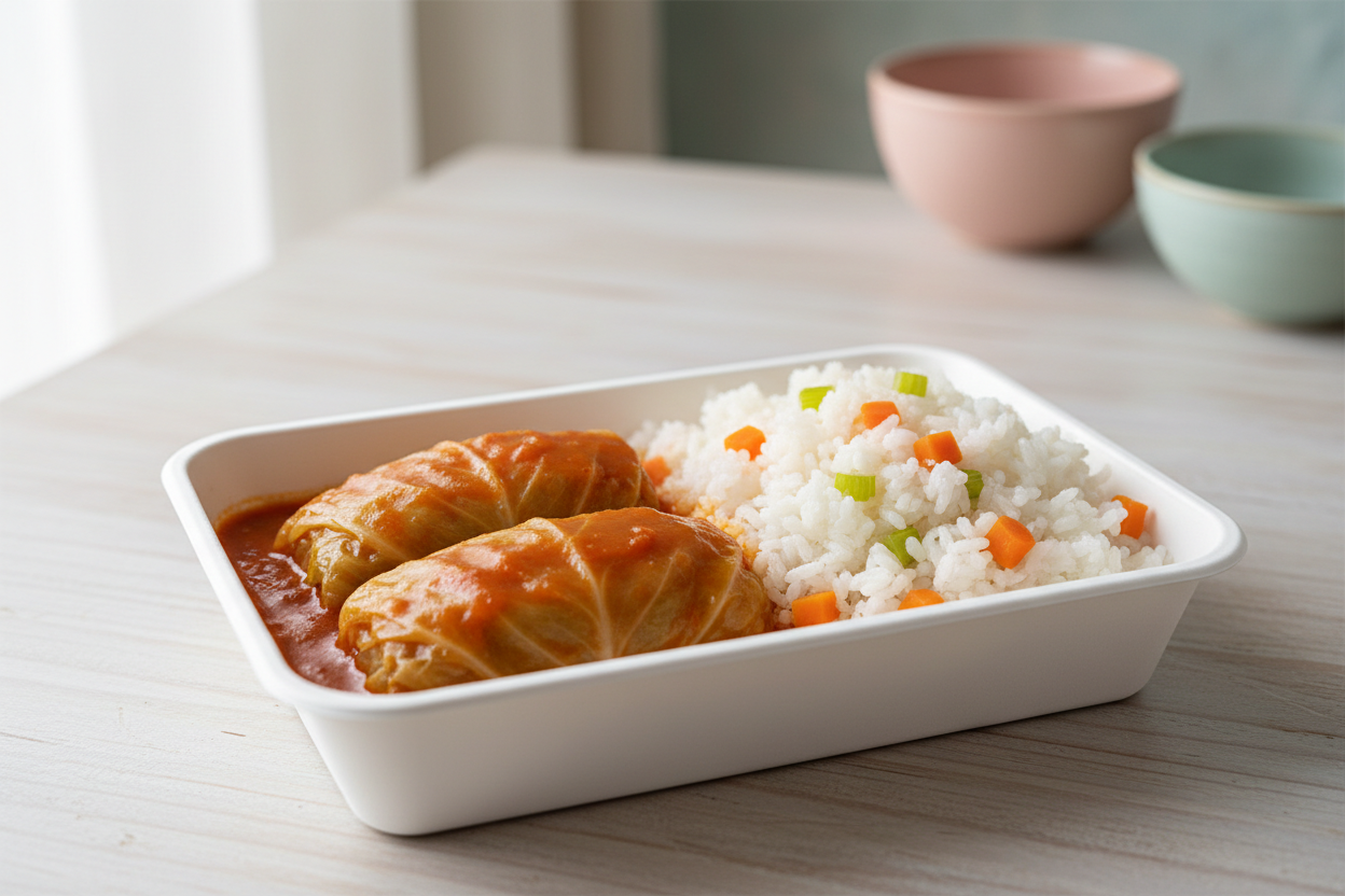Two stuffed cabbage rolls in rich tomato sauce with rice medley with carrots, onions and celery in a white take-out container