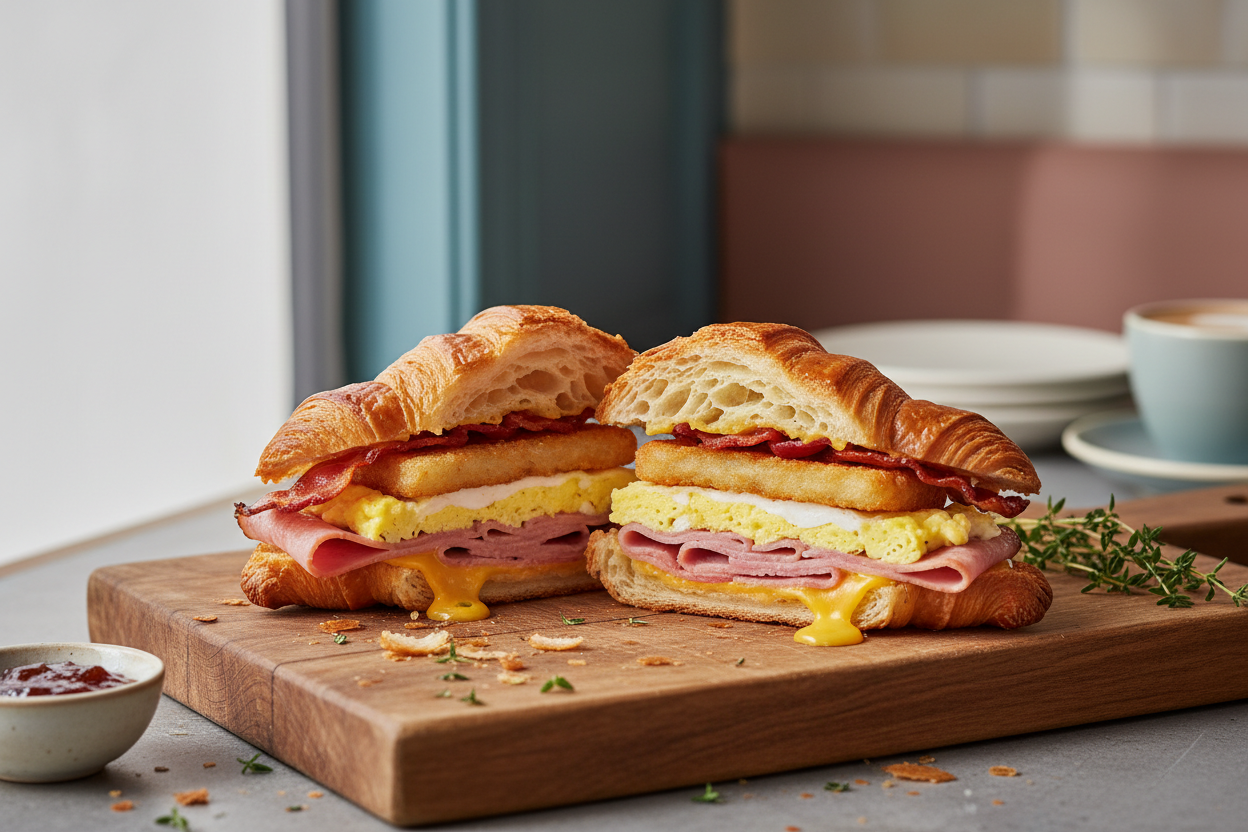 Ultimate breakfast croissant cut in half showing ham, bacon, hash brown, eggs and melted cheese in a flaky buttery croissant