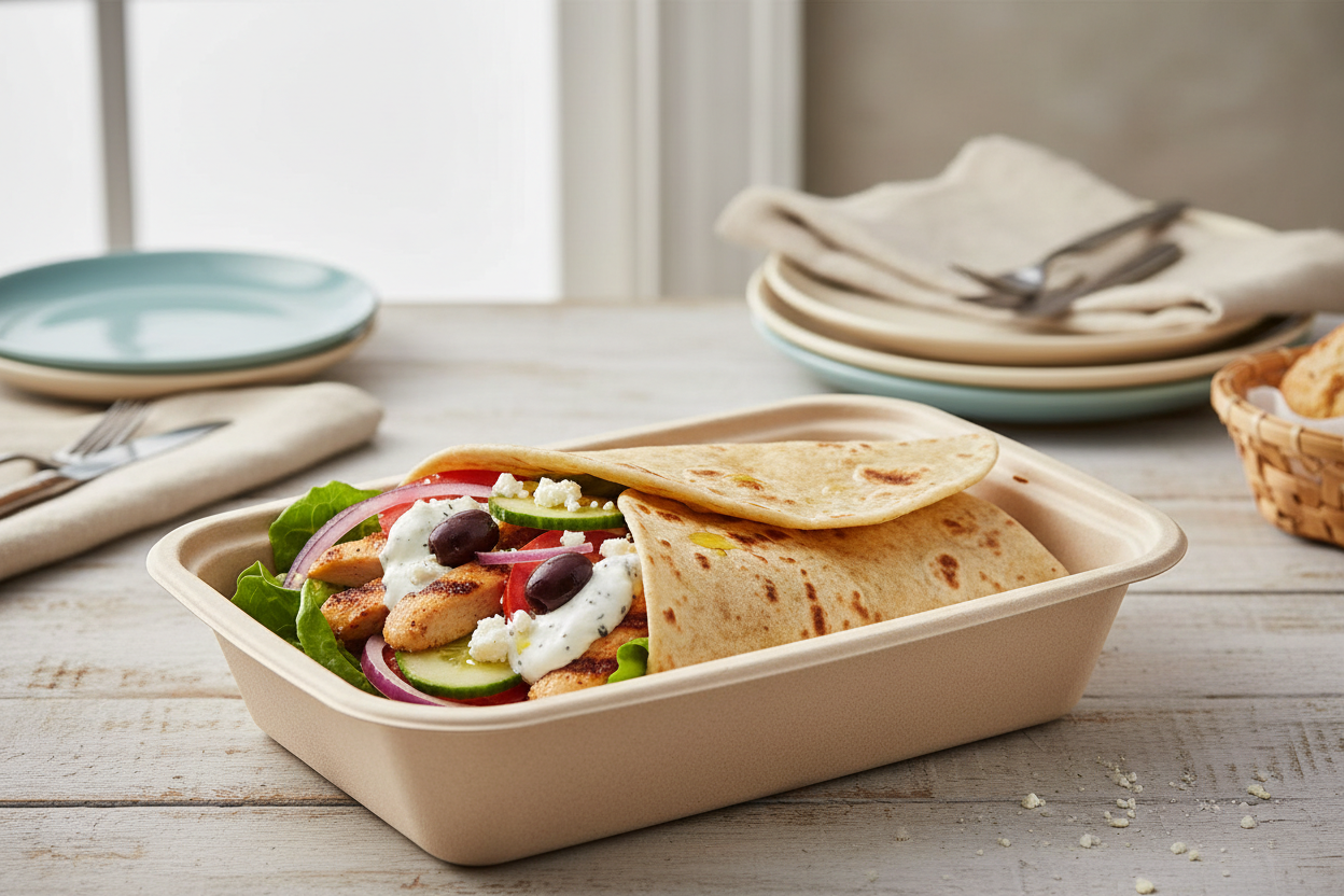 Greek Mediterranean wrap with grilled chicken, lettuce, tomatoes, cucumbers, red onion, feta, olives and tzatziki in a take-out container