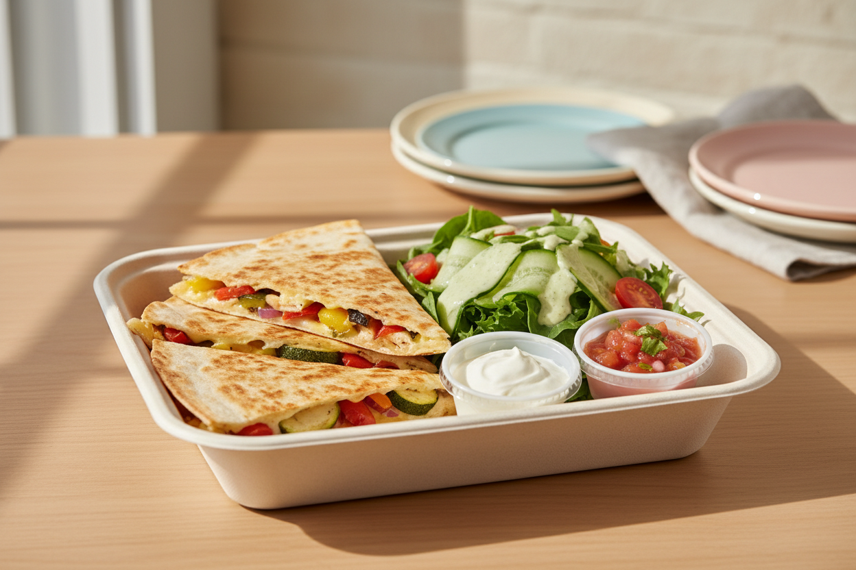 Chicken quesadilla with roasted vegetables and melted cheese, served with garden salad, sour cream and salsa in a white take-out container