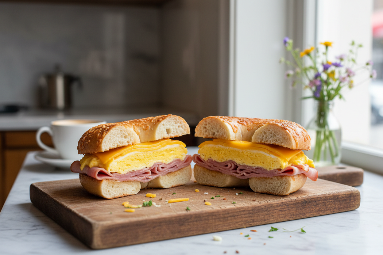 Breakfast bagel sandwich cut in half with ham, scrambled eggs and melted yellow cheddar on a toasted cheddar bagel