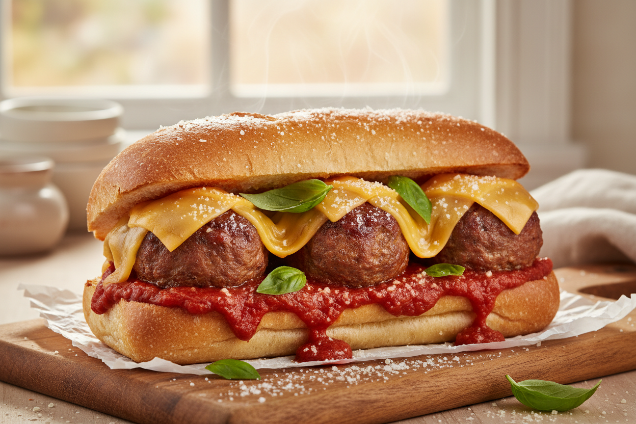 Meatball sub on a toasted hoagie roll with marinara sauce, melted cheddar cheese, fresh basil and parmesan
