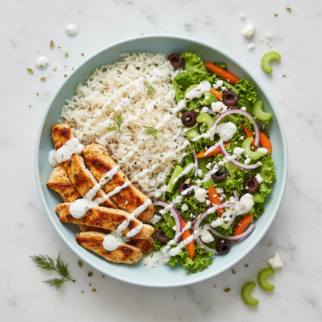 Greek Bowl with grilled chicken strips, white rice, garden salad and creamy white dressing