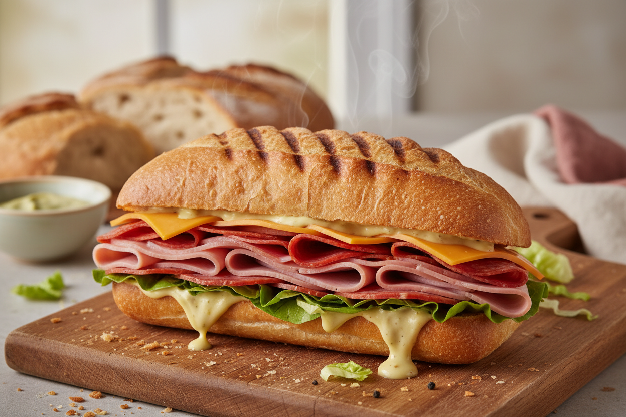 Grilled cold cut sub with ham, salami, pepperoni, cheddar cheese, lettuce and house mayo mustard blend on a toasted hoagie roll