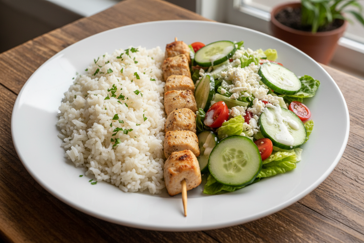 Chicken souvlaki platter with herbed rice and Greek salad
