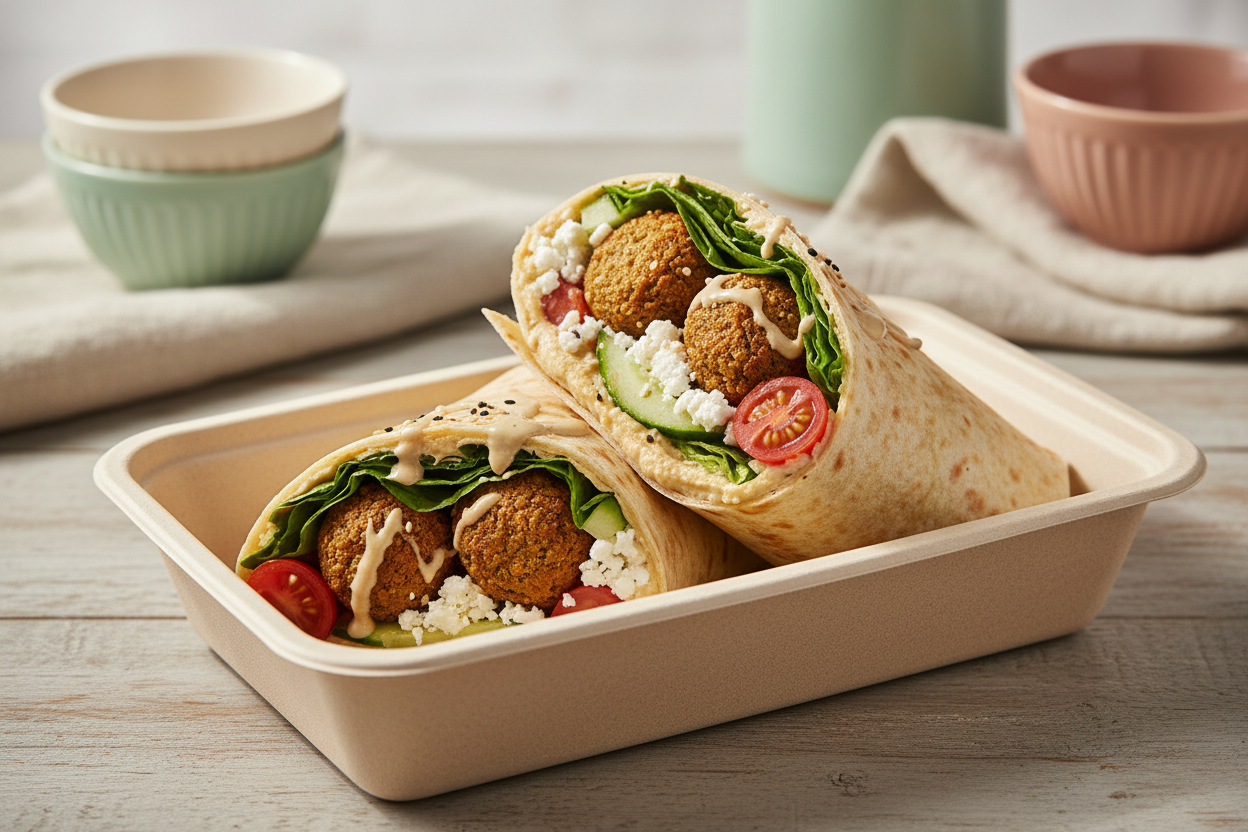 Falafel wrap with garlic hummus, lettuce, tomatoes, cucumbers, feta and tahini sauce in a take-out container