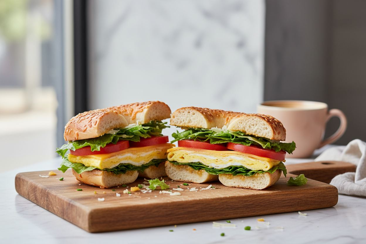 Veggie bagel cut in half with tomato, melted cheese, lettuce and scrambled eggs on a toasted cheddar bagel