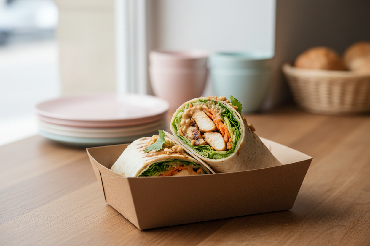 Thai peanut chicken wrap with grilled chicken, lettuce, shaved carrots and Thai peanut sauce in a take-out container