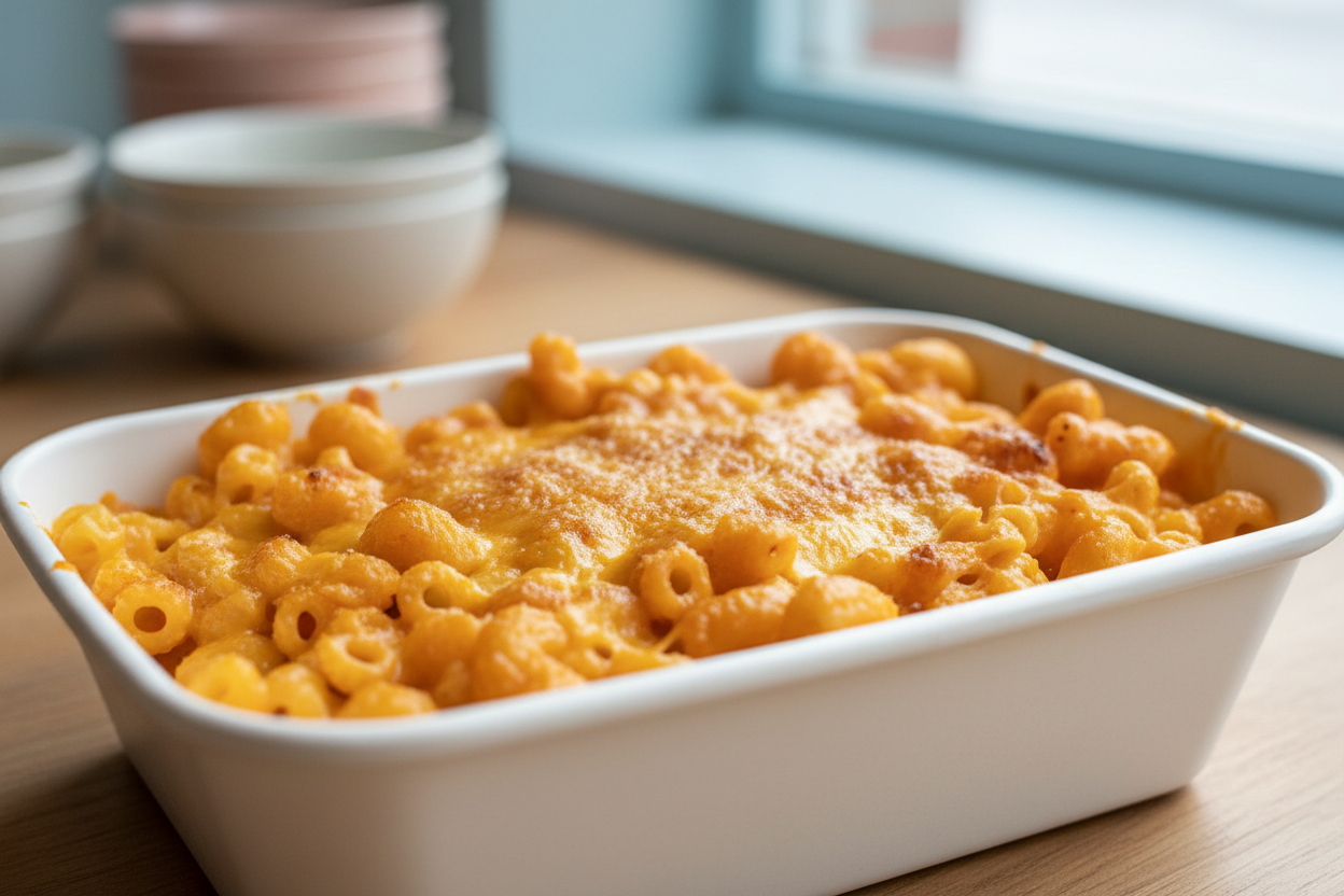 Triple cheddar mac and cheese in a white take-out container, creamy and golden