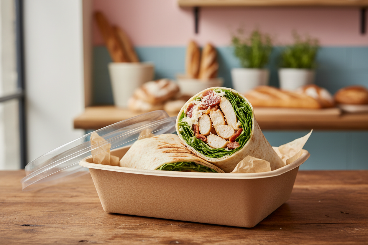 Chicken bacon Caesar wrap with grilled chicken, crispy bacon, romaine lettuce, shaved parmesan and Caesar dressing in a take-out container