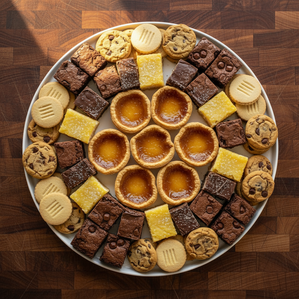 Assorted squares, tarts, and cookies on a platter with butcher block backdrop