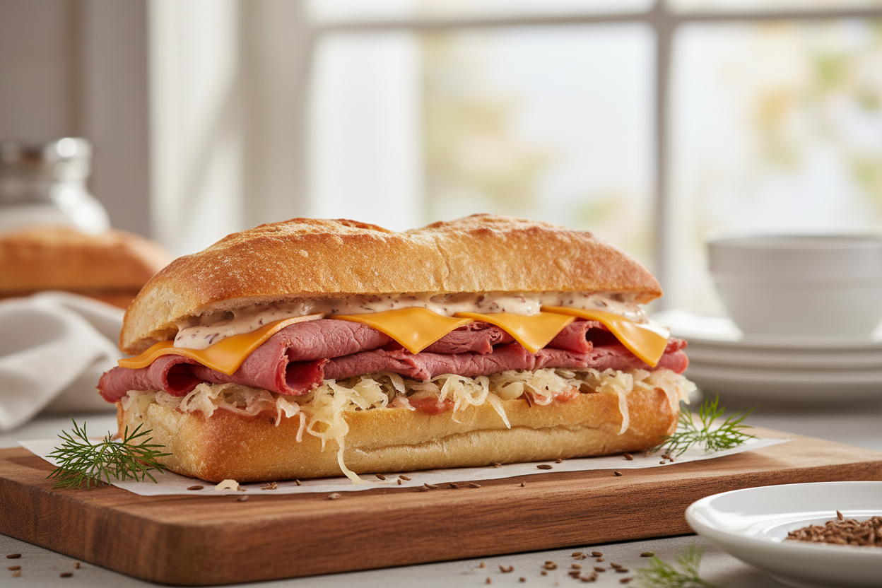Reuben melt on a toasted ciabatta sub bun with cheddar cheese, corned beef, sauerkraut, and Thousand Island dressing