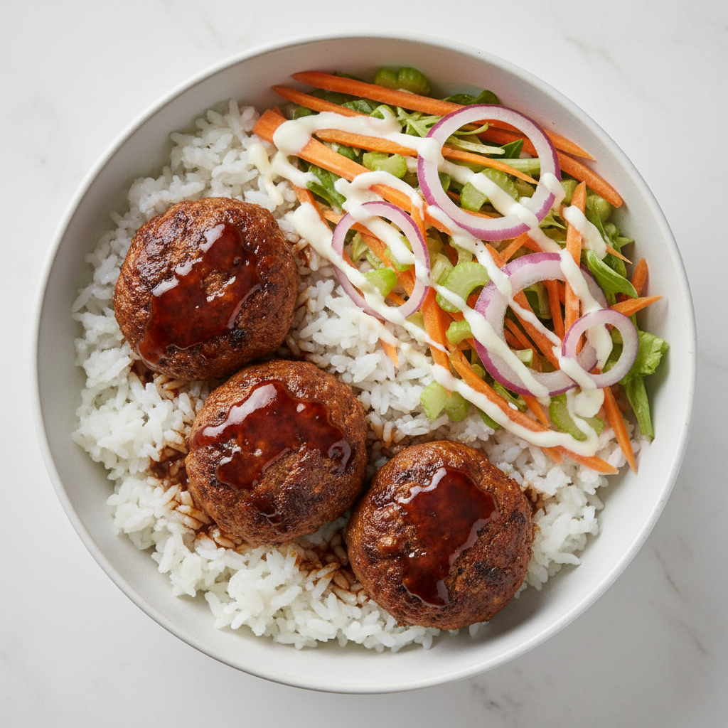 Meatball Teriyaki Bowl with 3 homemade-style meatballs in teriyaki sauce over white rice with garden salad