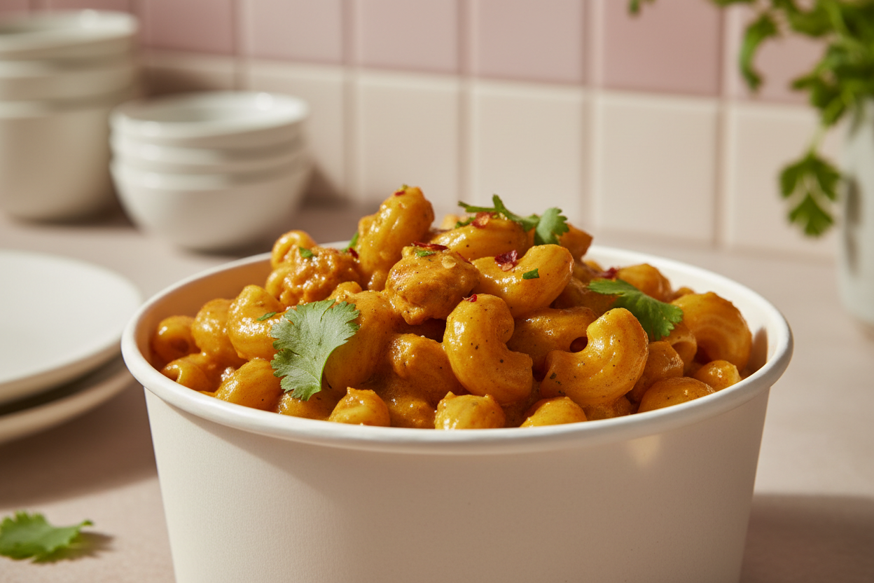 Curried mac and cheese with butter chicken-style curry cheese sauce in a white take-out container