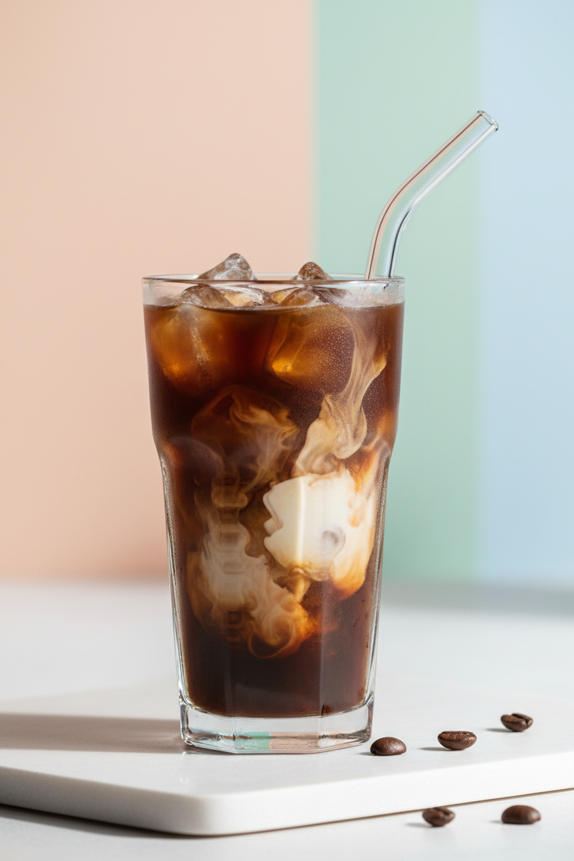 Iced coffee with cream swirl served over ice with a straw