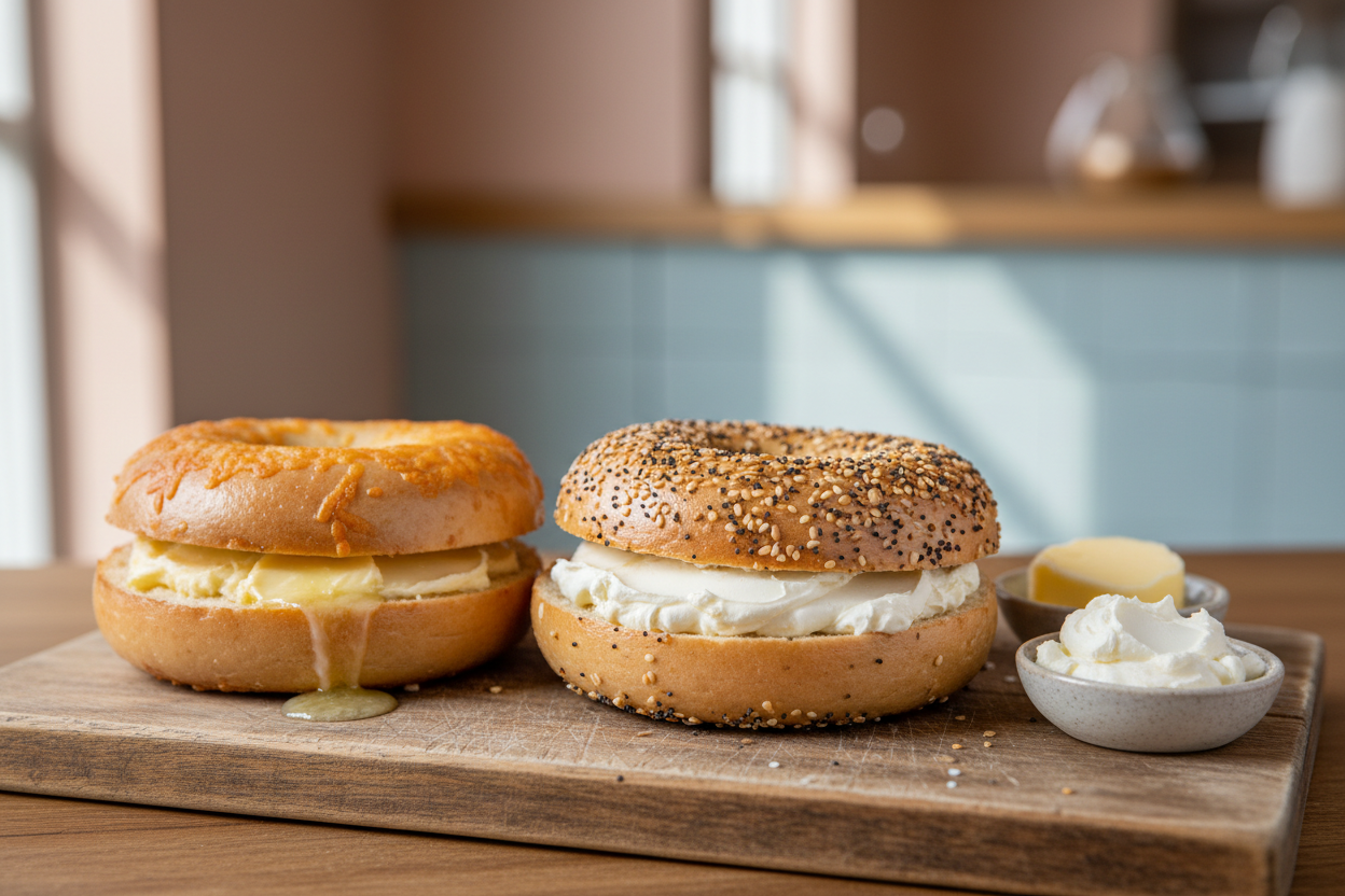 Cheddar bagel with butter and everything bagel with cream cheese on a rustic wooden board
