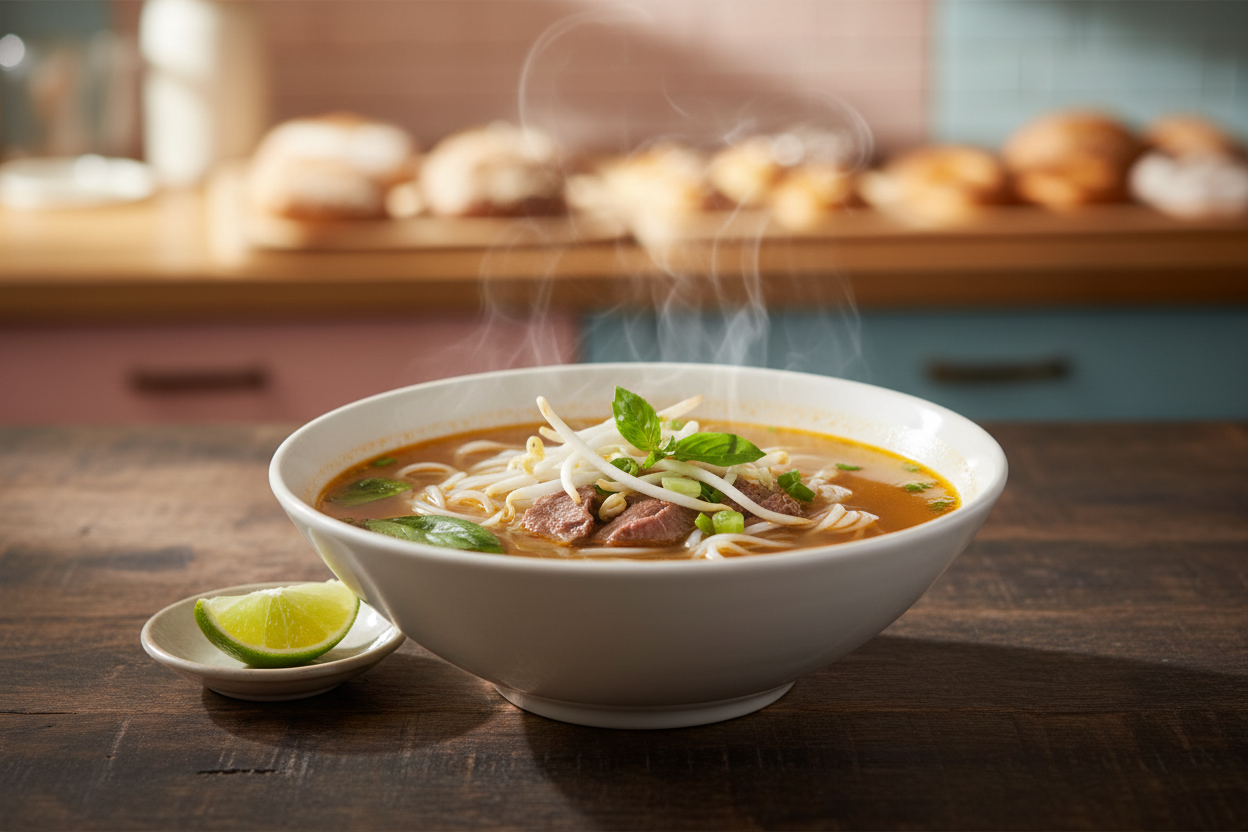 Steaming bowl of pho with golden broth, rice noodles, bean sprouts, Thai basil, green onions and lime