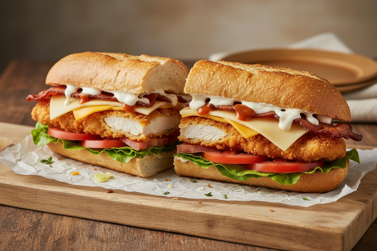 Big Bacon Chicken Cruncher sandwich with chicken fingers, bacon, yellow cheese, chipotle sauce, mayo, tomato and lettuce on a toasted sub bun