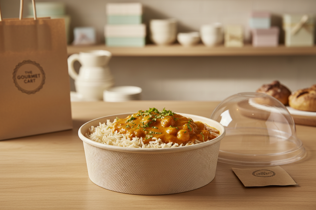 Creamy butter chicken with chickpeas served over basmati rice in a take-out container