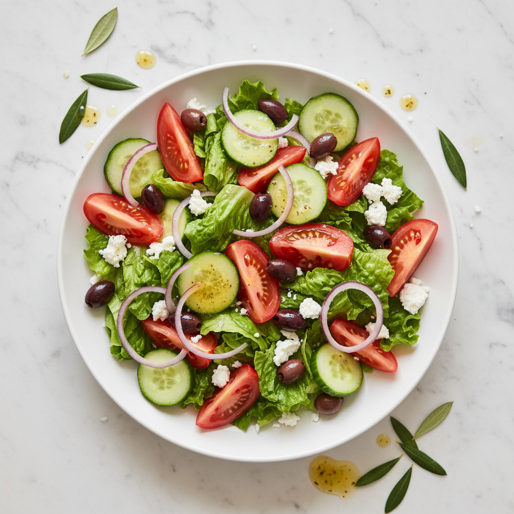 Greek salad with romaine lettuce, tomatoes, cucumbers, red onion, Kalamata olives, and a light sprinkle of feta cheese with house dressing