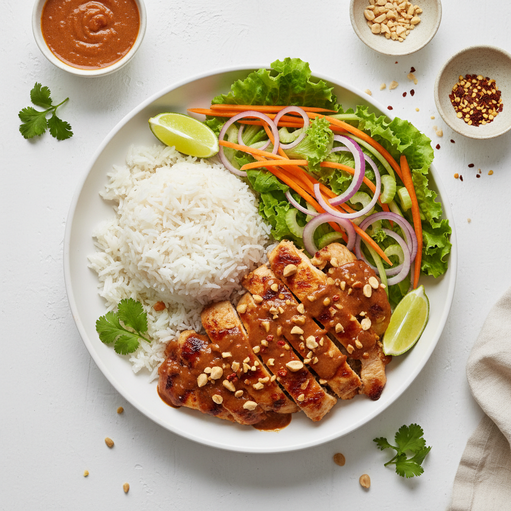 Thai Peanut Chicken Bowl with grilled chicken strips, white rice, and romaine lettuce garden salad