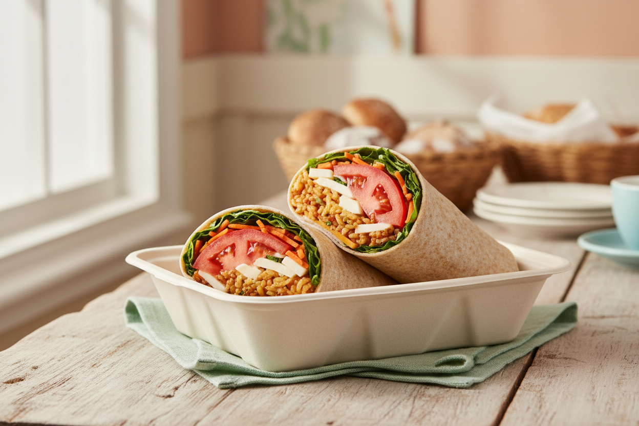 Loaded cheesy vegetarian wrap on a 12-inch tortilla with carrots, lettuce, tomatoes, cheese, rice pilaf and chipotle sauce in a take-out container