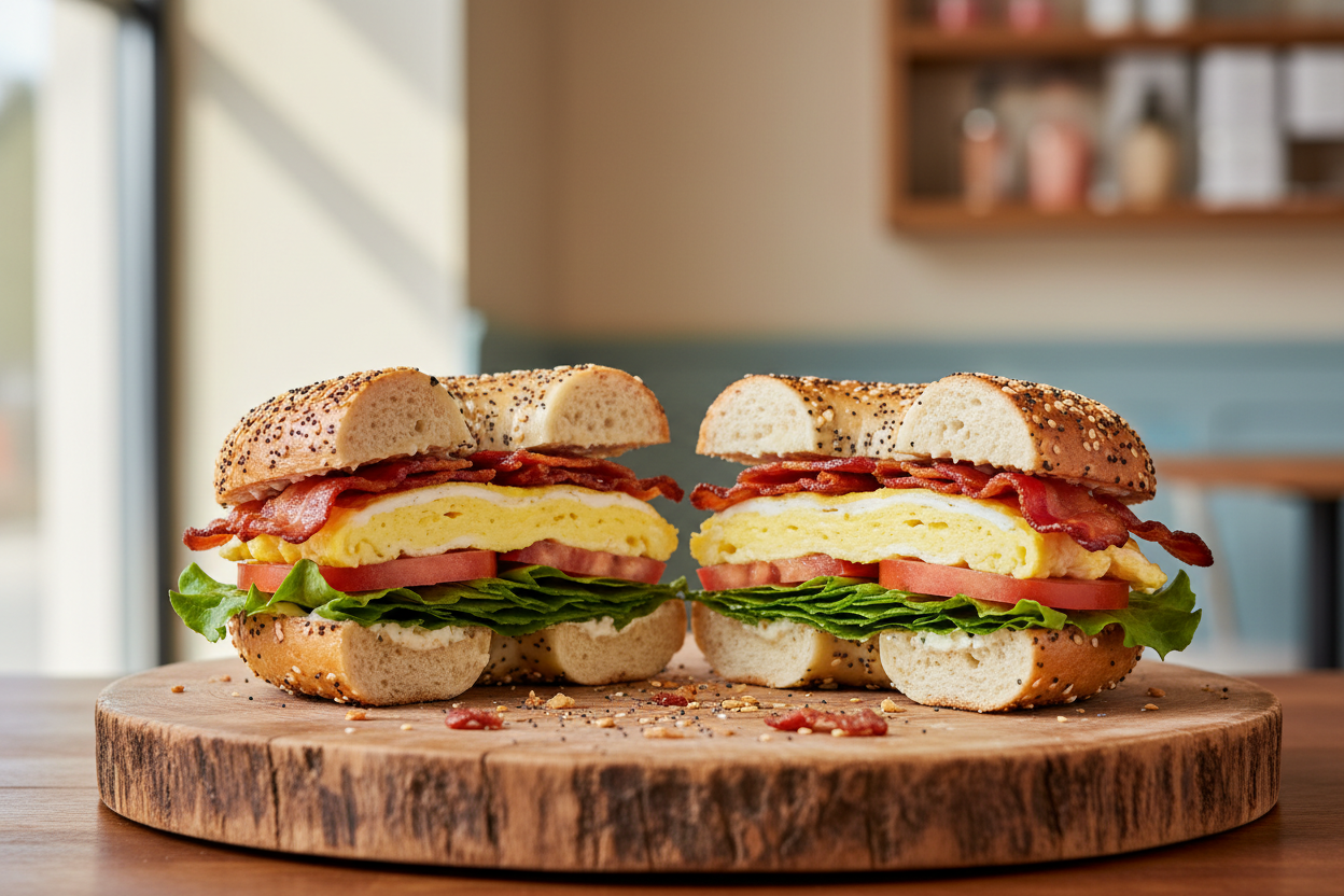 BELT bagel with crispy bacon, scrambled eggs, fresh lettuce and tomato on a toasted everything bagel