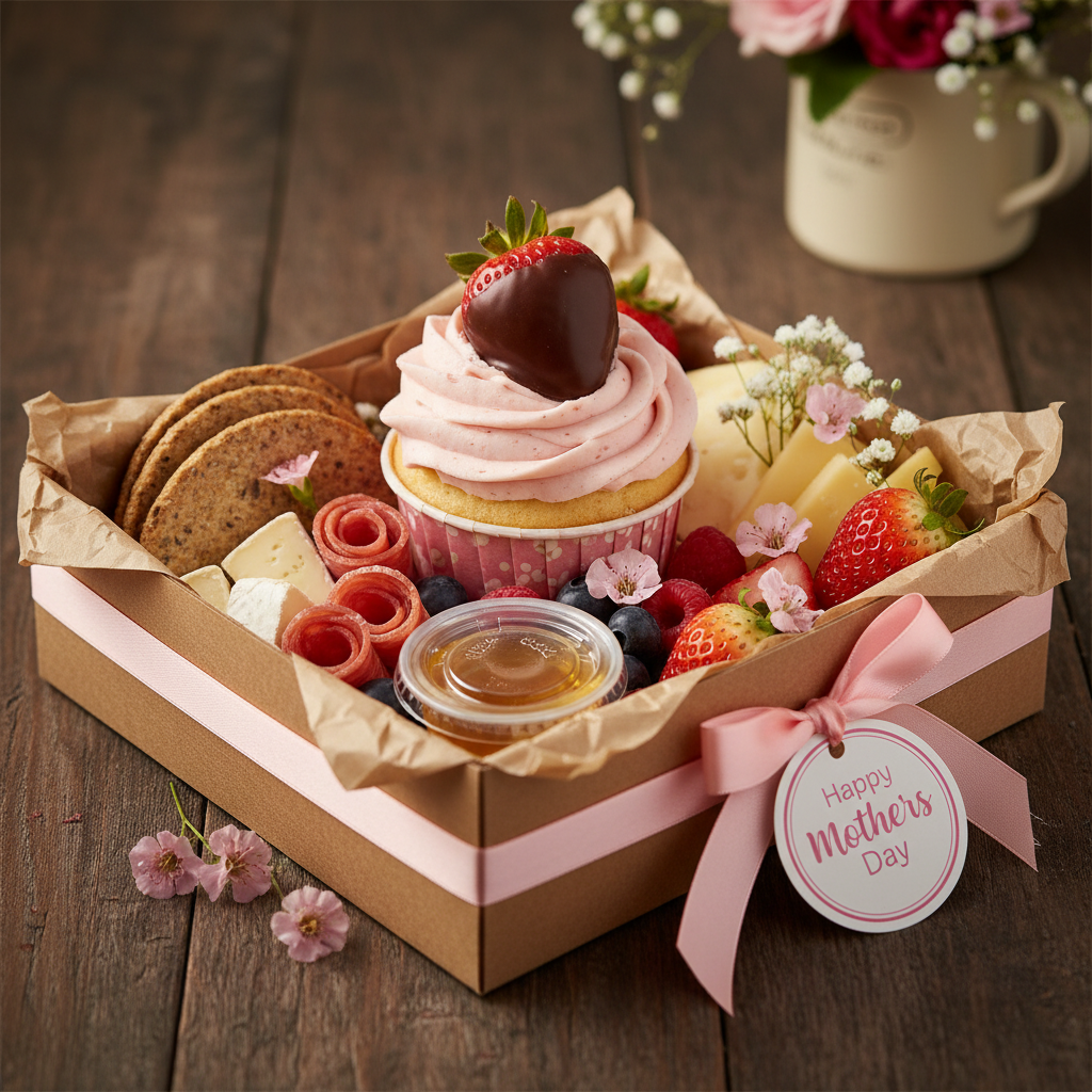 Mother's Day Charcuterie for One with Chocolate Dipped Strawberry Shortcake Cupcake